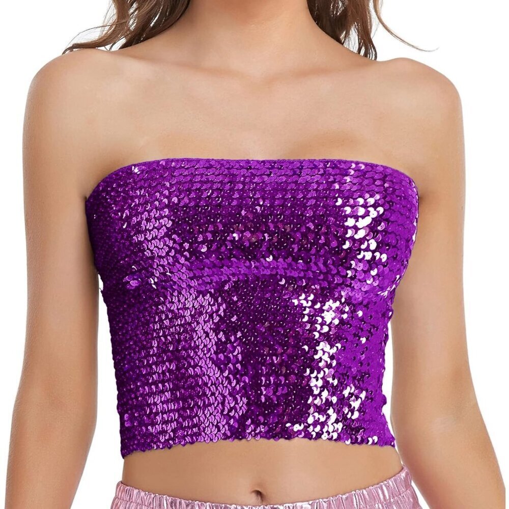 Women's Sparkly Sequin Mermaid Crop Top Strapless Metallic Party Top